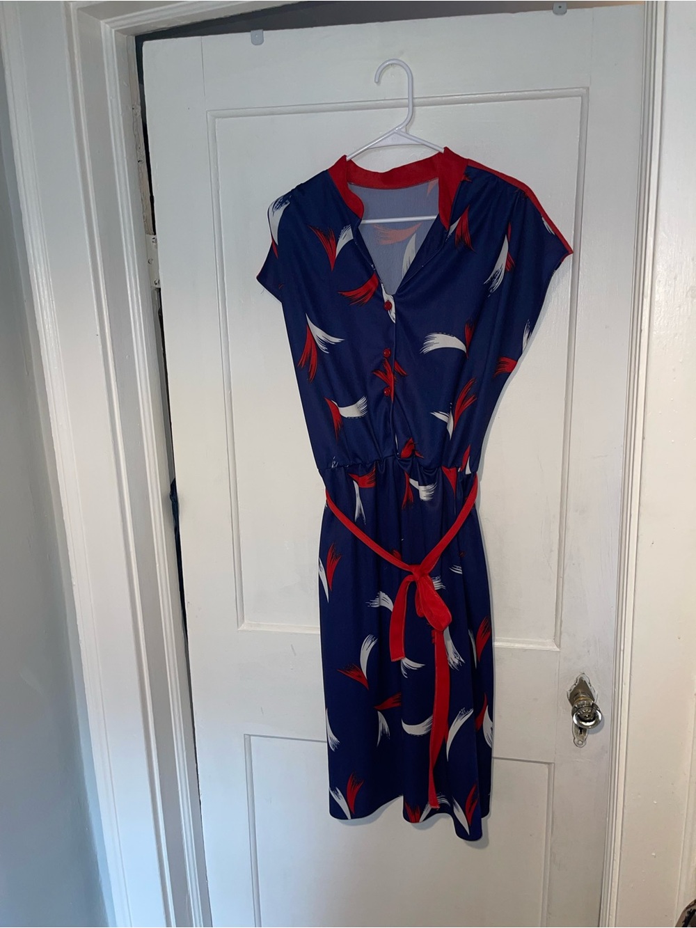 Vintage Women’s Navy Blue Printed Belted Dress with Red & White Trim - Sz S/M